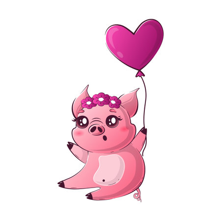 Kawaii pig flies on a heart-shaped balloon. Simple valentines character happy farm animal.のイラスト素材