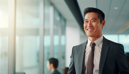 middle aged Asian business CEO in a suit stands walking around the office. Smiling mature businessman, professional executive manager running a corporationの素材
