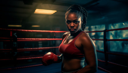 Portrait of an overweight African American woman wearing boxing gloves in the gym on a dark background. Serious face, kickboxing or muscles of an athlete ready for fight, exercise or training, martial arts or fitness trainingの素材