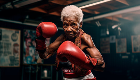 Portrait of an elderly African-American woman in boxing gloves in the gym on a dark background. Serious face, kickboxing or muscles of an athlete ready for fight, exercise or training, martial arts or fitness trainingの素材