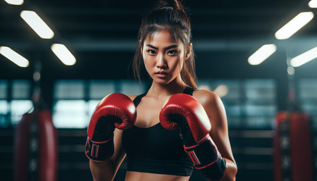 Portrait of an Asian woman wearing boxing gloves in the gym on a dark background. Serious face, kickboxing or muscles of an athlete ready for fight, exercise or training, martial arts or fitness trainingの素材