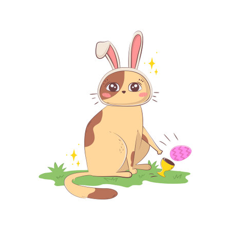 Cute cartoon cat with bunny ears brazenly knocks over an Easter egg holder isolated on a white background in doodle styleのイラスト素材