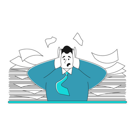 modern businessman with a pile of papers clutches his head. concept of high stress at work, intense productivity, emotional burnout, deadlinesのイラスト素材