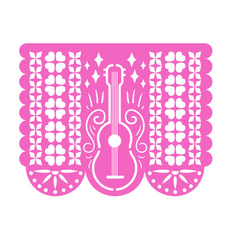 Mexican Decorative Papel Picado Garland with Ornament and Guitar. Paper Cutting Flags, Day of the Dead Pattern Garlandのイラスト素材