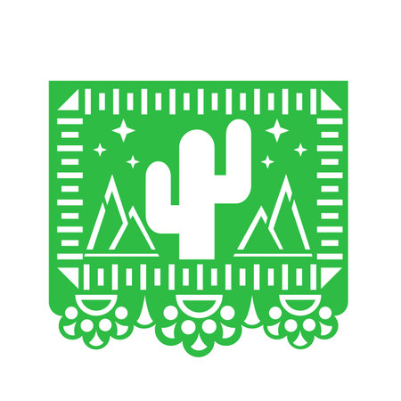 Mexican decorative papel picado garland with ornaments, cacti and mountains. Paper cut out flags, day of the dead garland patternのイラスト素材