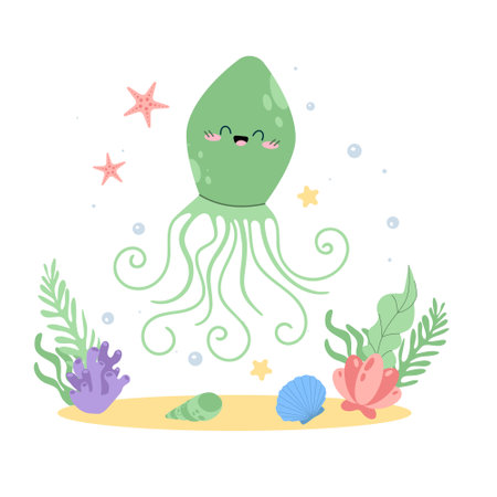 Simple hand drawn scene with marine animal kawaii green squid. Cute underwater creatures in flat cartoon style, isolated. ocean theme projectsのイラスト素材