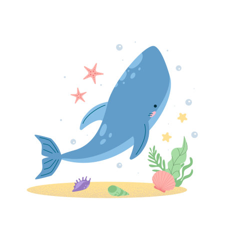 Simple hand drawn scene with marine animal kawaii blue whale. Cute underwater creatures in flat cartoon style, isolated. ocean theme projectsのイラスト素材