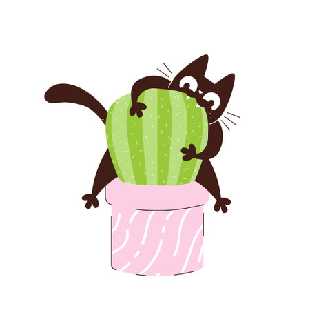 funny black cat sits on top of a cactus and bites it. Pets and HousePlants in Potsのイラスト素材