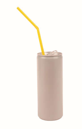 Gray grey tin can drink beverage with yellow straw juice on white background concept minimal...