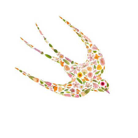 Art floral swallow spring symbol made of beautiful natural flowers. Trendy colorful blooming abstract idea with bird shape composition. Botany concept with leaves, blossoms, petals  and budsの写真素材