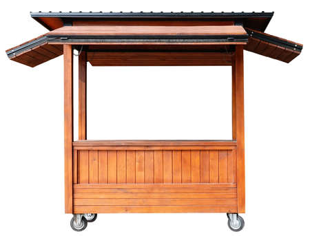 Street market stand stall with awning and wood pillars isolated on white background. Small business concept. Stand with wheels for sellingの写真素材