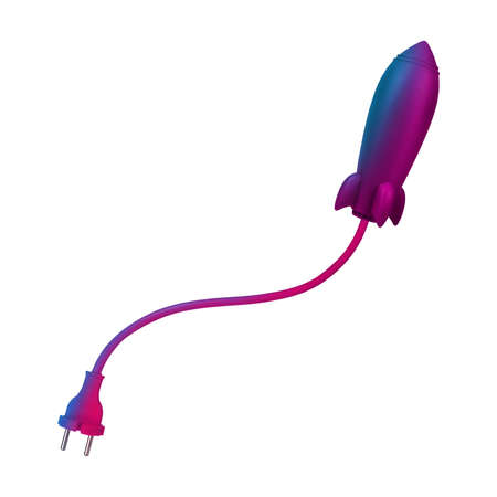 Rocket with electric cable green energy. Modern transport fuel of future. Minimal design power unit with vibrant blue pink neon glow isolated on white backgroundの写真素材