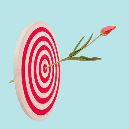Target with beautiful tulip flower bud hit in center. Bullseye love goal concept.
