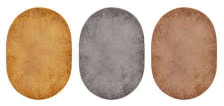 Metal gold silver bronze plaque medallions isolated on white background. Vintage old texture medal backgrounds. Three aged tags plates conceptの写真素材
