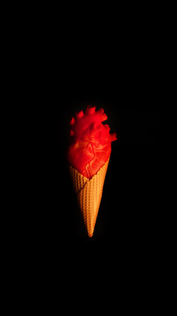 Abstract organic organ human heart in ice cream cone summer food industry symbol. Environment concept. Surgery medicine as part of sweet desert ideaの写真素材