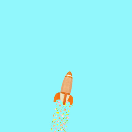 Rocket with floral track flowers trails on blue background. Symbolic nature scent concept. Green energy toy ideaの写真素材
