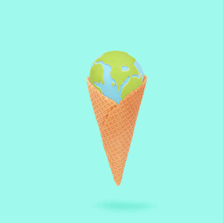Ice cream cone with globe Earth inside. Trendy colorful environmental abstract idea with cone symbol...