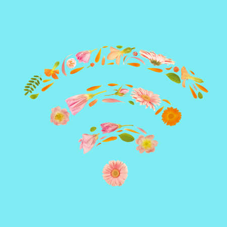 WiFi sign wireless network protocol sign made of beautiful flowers. Symbol of internet access signal floral icon on pastel vivid bright green background. Digital web connection concept ideaの写真素材