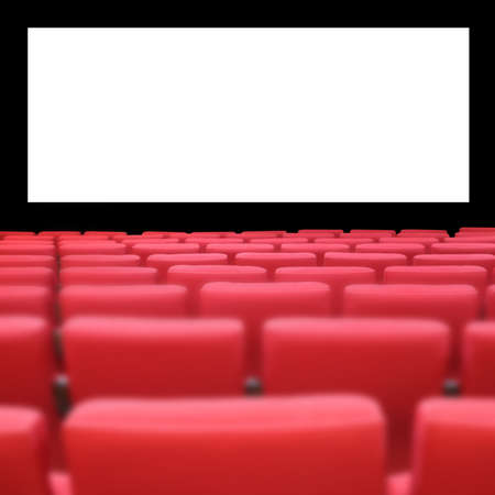 Seats in cinema theater hall with huge big screen in front. Movies concept ideaの写真素材