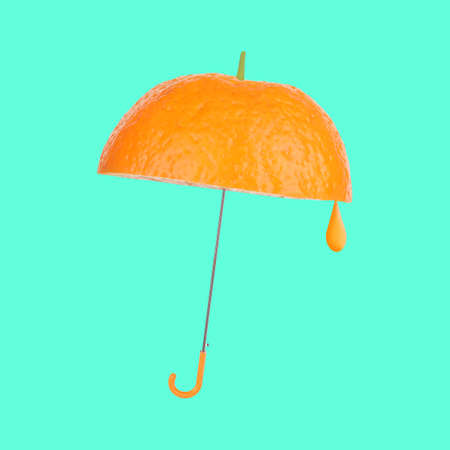 Beautiful orange fruit like umbrella on bright green square vivid pastel background. Fruits squeezed juice season nature concept. Idea copy space and natural juicy fresh dropの写真素材