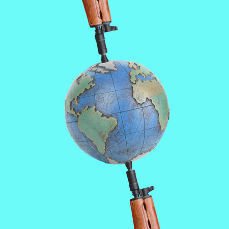 World in war between two Kalashnikov rifles shotguns weapons. Global crisis concept. Abstract globe in danger ideaの写真素材