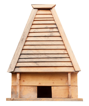 Nest box birdhouse house for birds handmade craft isolated on white. Model of mountain log or cabinの写真素材