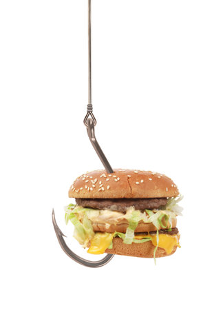 Hamburger fast food cheeseburger on fishing hook. Junk food concept isolated on white background....
