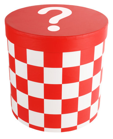 Mysterious cardboard red white squares box closed with question mark secret container. Mystery package conceptの写真素材