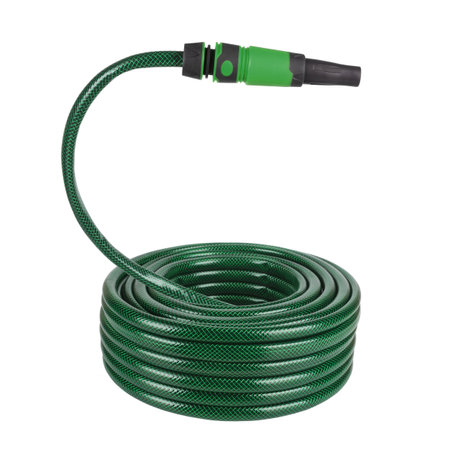 Coiled flexible tube watering garden hose hosepipe with sprayer isolated on white backgroundの写真素材