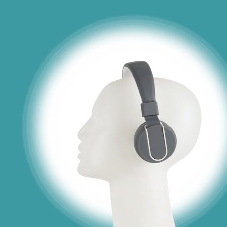 Artificial intelligence character head with headphones on hi-tech background. AI modern concept ideaの写真素材