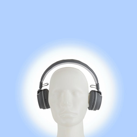 Artificial intelligence character head with headphones on hi-tech background. AI modern portrait concept ideaの写真素材