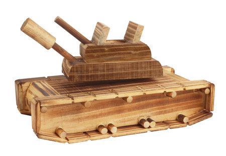 Wooden toy vintage armoured tank military brown war machine weapon isolated on white backgroundの写真素材