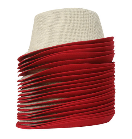 Stack of lovely summer hats. High hat pile isolated on white backgroundの写真素材