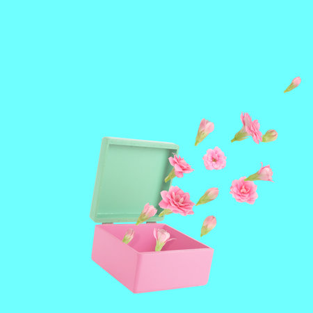 Abstract wooden colorful box with lot of fresh flowers flying out. Natural gift of love symbol....