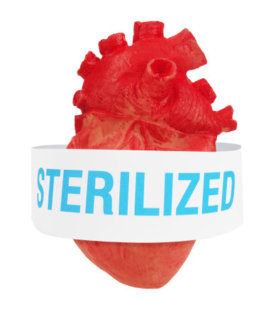 Abstract organic organ human heart with sign sterilized. Cold hearts transplant donor concept ideaの写真素材