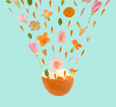 Art floral Easter egg with beautiful natural flowers. Trendy colorful blooming abstract idea with...