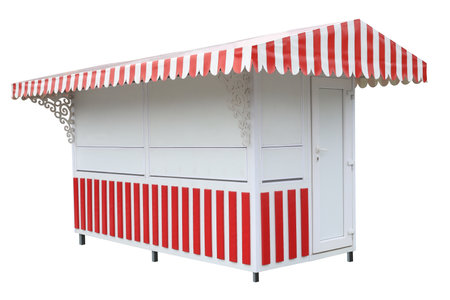 Beautiful long market stand stall with red white striped awning isolated on white background. New selling object on the street outdoor sell. Retail business concept.の写真素材