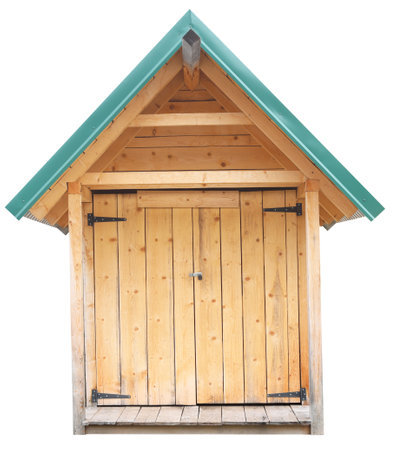 Wooden cottage log cabin chalet hut isolated on white backgroundの写真素材