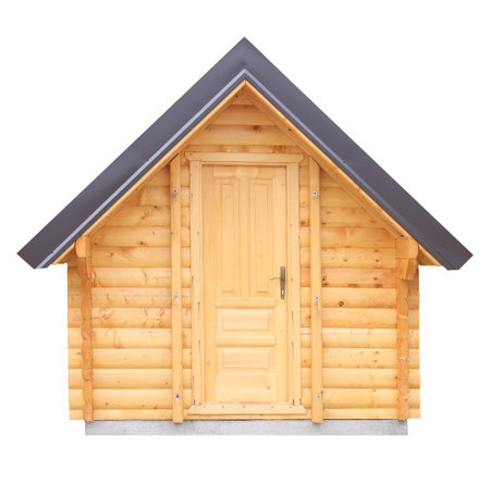 Wooden shed or log cabin house isolated on white backgroundの写真素材