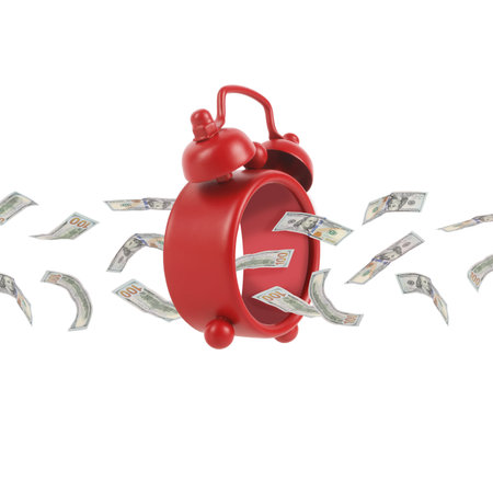 Abstract photo of spending or earning money through time passing. Passive income or overhead costs concept. Idea of time is money. Fluency income flow or expenses isolated on whiteの写真素材