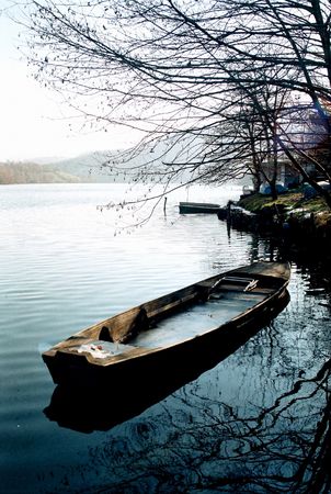 Boat on river Moravaの写真素材