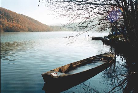 Boat on river Moravaの写真素材