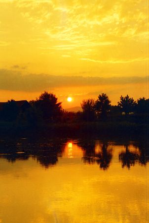 Sunset over the river Moravaの写真素材