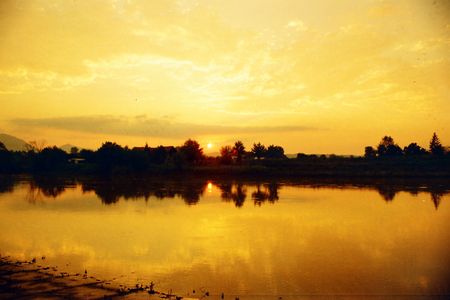 Sunset over the river Moravaの写真素材