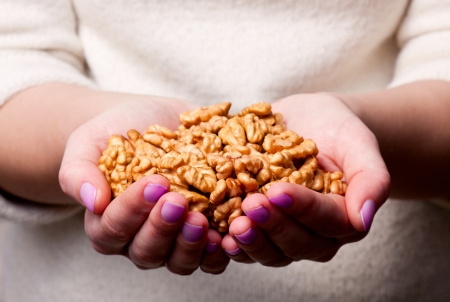 Walnuts close-up in the hands ofの写真素材