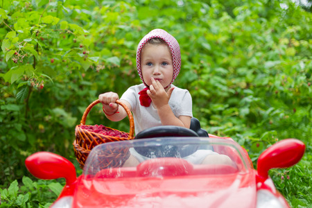 girl on the car and with a raspberry in natureの写真素材