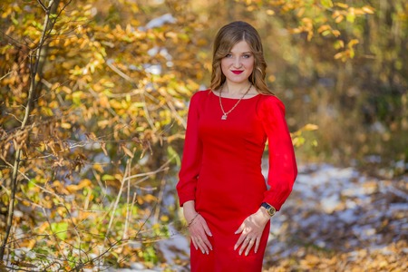 Girl red dress on a background of yellow foliageの写真素材