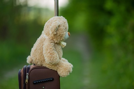 teddy bear sitting on a suitcaseの写真素材