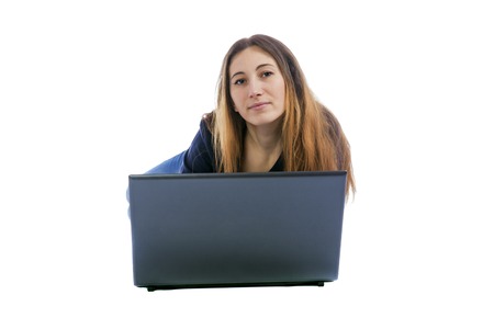 girl with a laptop on a white backgroundの写真素材