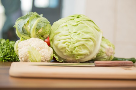 cabbage on the kitchen table closeupの写真素材